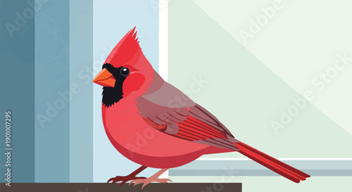 A vibrantly red cardinal perches on a perch near a window