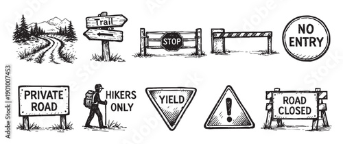 Black and white hand-drawn illustration of various road and trail signs. Includes trail markers, barriers, hiker signs, warnings. Ideal for travel, outdoor, and safety themes.