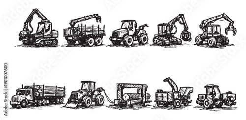 Black and white sketch illustration of forestry and logging equipment, including log loaders, tractors, trucks, and wood chippers. Use for forestry, wood, lumber industries.
