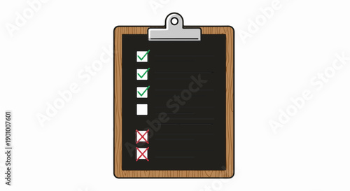 A wooden clipboard with a checklist, marked with checks and crosses