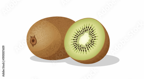 A whole and a halved fuzzy brown fruit with bright green flesh and black seeds