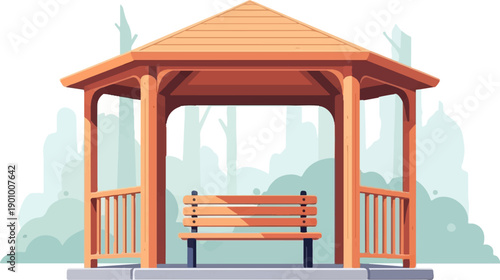A wooden gazebo with a bench sits in a park with trees in the background