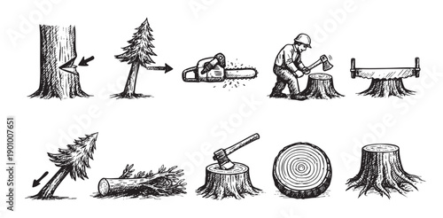 Hand drawn illustrations showcasing the tree felling process from start to finish. Includes a logger, trees, axes, chainsaw, and stumps. Great for forestry or educational material.