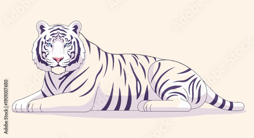 A white tiger with blue eyes and dark stripes rests on a pale background