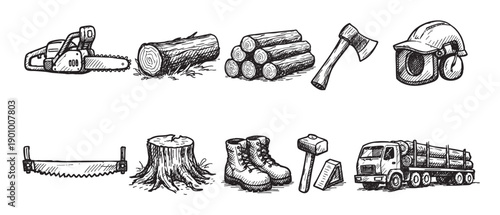 Hand drawn woodworking equipment illustrations. Includes chainsaw, logs, ax, safety gear, saw, boots, tools, and truck. Can be used for forestry or lumber themes.