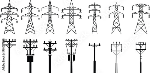 High voltage transmission towers and utility poles, electrical pylons silhouettes, power line infrastructure icons, industrial energy network illustrations, vector set