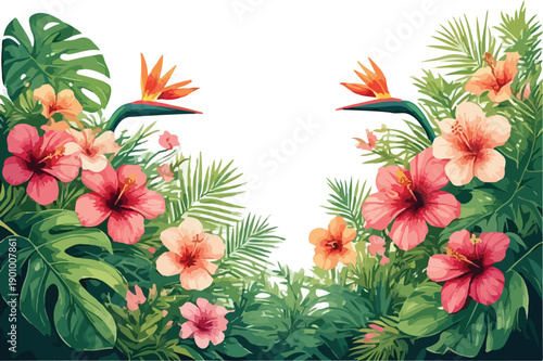 Tropical Hibiscus And Bird Of Paradise Frame With Lush Greenery,  ideal for nature, travel, and interior decor layouts
