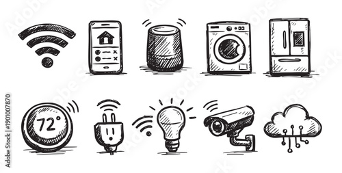Hand drawn sketch icons of smart home devices. Wifi, mobile app, speaker, appliances, security. Perfect for illustrating technology, IOT, modern living, and automation.