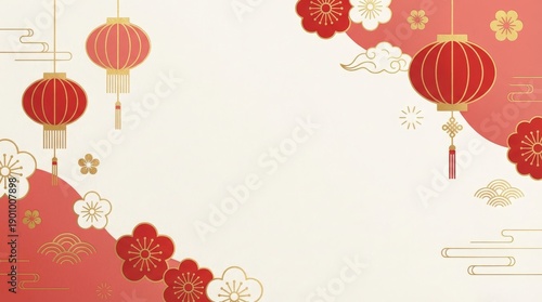 Celebration of lunar new year with traditional lanterns and floral designs festive atmosphere graphic illustration colorful backgrounds creative artwork for cultural events