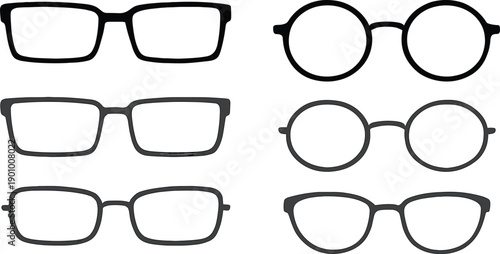 Set of vector eyeglasses frames icons, black isolated silhouettes of spectacles for vision optical store, fashion design, and reading.