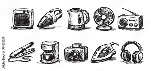 Sketch illustration of various home appliances. Includes a fan, radio, camera, headphones, and more. Great for illustrating technology, household chores, or consumerism.
