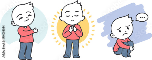 Boy Expressing Joy, Prayer, and Sadness Cute Vector. Happy, praying contentedly, and sitting sadly. Perfect for themes about emotions, mindfulness, faith, empathy, and children’s education