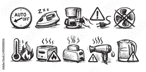 Black and white sketch illustrations depicting household appliances with safety warnings. Ideal for educational materials, user manuals, or graphic design projects.