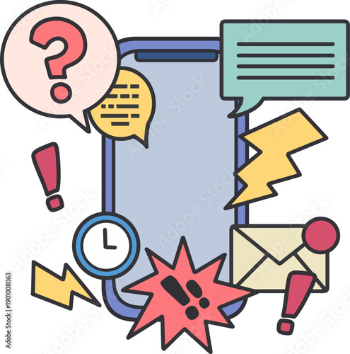 Phone Alert Messages and Warning Icons Vector. Perfect for mobile app design, digital communication, social media, technology, information overload, productivity, and notification management themes