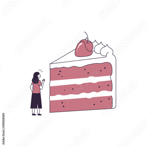 Woman Looking at Giant Slice of Pink Cake with Cherry on Top