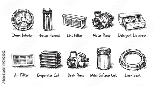 Hand-drawn illustration of various washing machine parts, including filters, pumps, and dispensers. Ideal for repair manuals, DIY guides, or appliance service promotions.