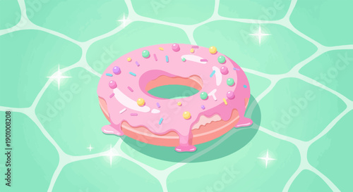 A sweet pink frosted donut with sprinkles floats on shimmering teal water