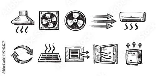 A set of sketch icons depicting different ventilation systems and airflow patterns. Includes kitchen extractor, fans, AC unit, and open door. Use for engineering, air conditioning, and related.