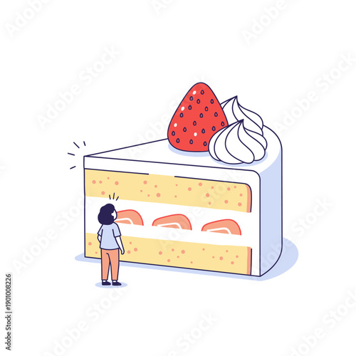 Tiny Person Amazed by Giant Strawberry Shortcake Slice with Whipped Cream