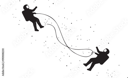 Two Astronauts Floating In Space Connected By Safety Tether Line Illustration