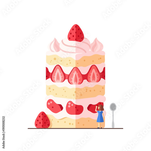 Giant Strawberry Shortcake Slice with Tiny Woman and Spoon