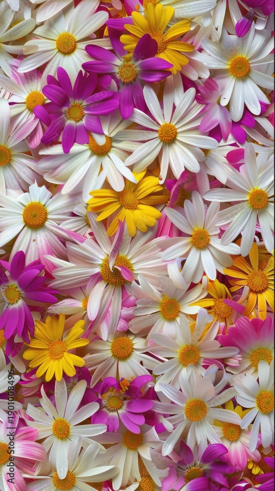Fototapeta premium Close up floral arrangement of daisies and other blooms in natural light