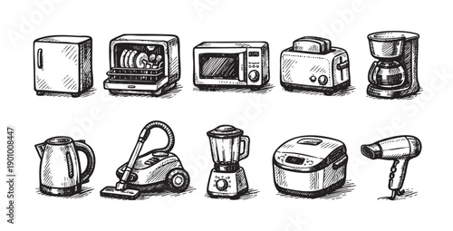A set of hand-drawn illustrations of various home appliances. Perfect for designs related to home decor, kitchen appliances, cleaning, and everyday life. Black and white sketch style.
