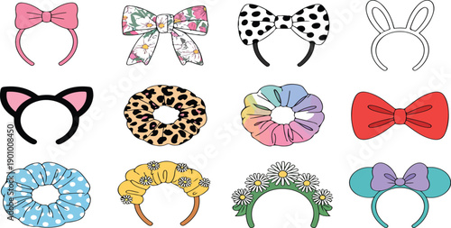 Fun and Colorful Hair Accessories Vector Set – Clips, Bows, Scrunchies, and Headbands