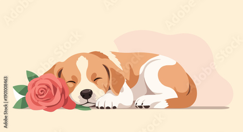 A sweet, sleeping puppy rests beside a delicate pink rose