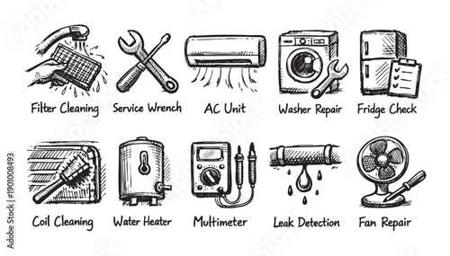 Hand-drawn illustration featuring maintenance and repair icons for home appliances. Ideal for DIY blogs, handyman services, repair websites, and household tips.