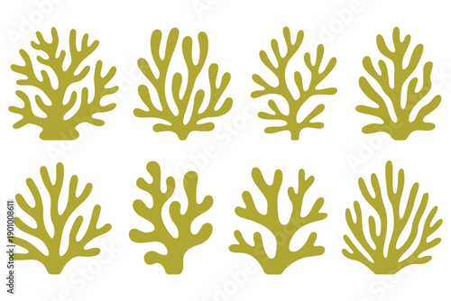 Green Coral Branch Silhouettes Collection, Ocean Life and Underwater Elements, Stock Media