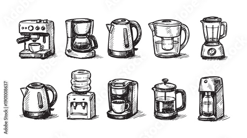 Black and white line art illustration of various kitchen appliances. Includes coffee makers, kettles, water cooler, blender, and soda maker. Useful for illustrating articles or blog posts.
