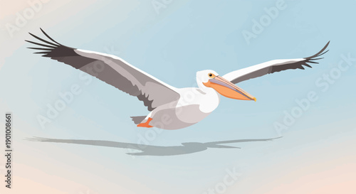 A white pelican with an orange beak soars through a soft blue and pink sky