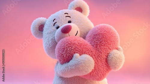 A cute white teddy bear holding a pink heart in a soft pink background
