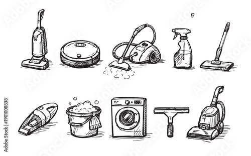 Hand-drawn sketch illustration of various cleaning equipment. Includes vacuum cleaners, cleaning supplies, washing machine, and more. Great for cleaning service websites or DIY blogs.