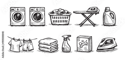 Black and white sketch illustration of laundry related items. Includes a washing machine, dryer, ironing board, detergent, clothes basket, and towels. Useful for blog posts or ads.