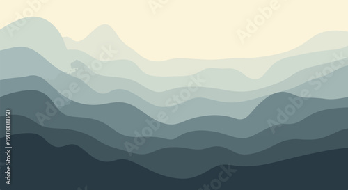 Abstract landscape with layered, wavy shapes in muted blue and cream tones