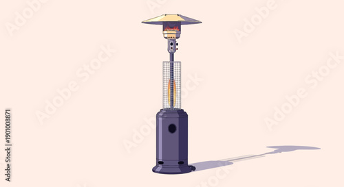 A tall outdoor patio heater with a visible flame and a warm, inviting glow