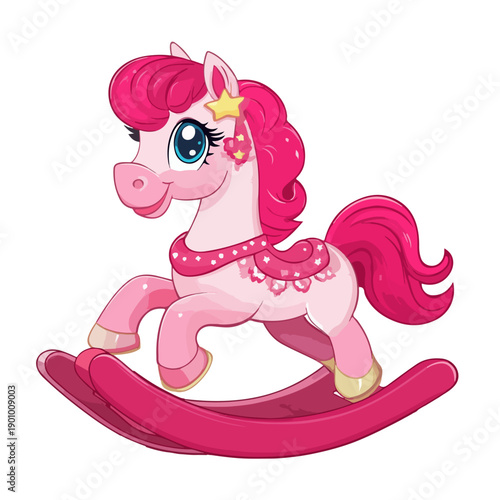 Vector illustration of a cute pink rocking horse toy for kids. Charming pony character with bright mane, stars, and glitter. Sweet nursery art.