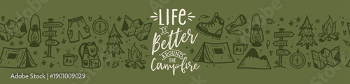 Cute hand drawn vector seamless pattern with camping doodles, tents, hiking boots, campfire great for textiles, banners, wallpapers