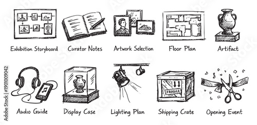 Hand-drawn icons illustrating art exhibition planning stages. Includes elements from storyboard to opening. Useful for museum design, art education, event promotion, and cultural projects.