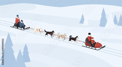 A team of dogs pulls a sled with two people across a snowy landscape