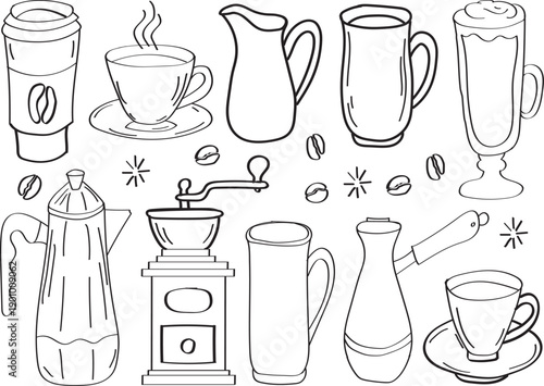 Hand Drawn Coffee Icon Set with Mugs Cups Pitcher and Grinder Doodles