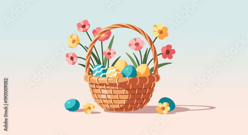 A woven basket overflowing with colorful decorated eggs and vibrant spring flowers