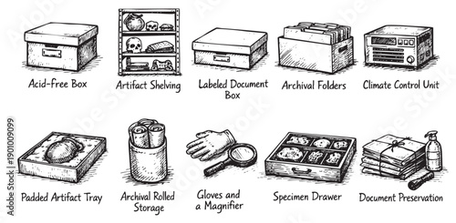 Hand-drawn illustration depicting various archival and preservation equipment. Ideal for illustrating topics related to history, museums, document preservation, and library science.