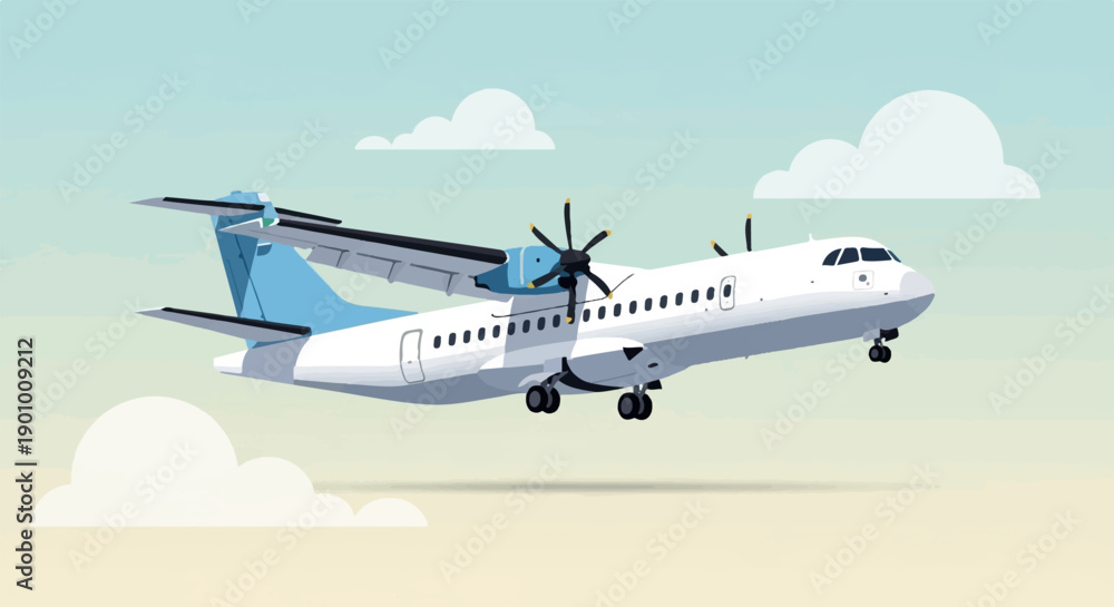Obraz premium A white and blue turboprop airplane flies through a pale sky