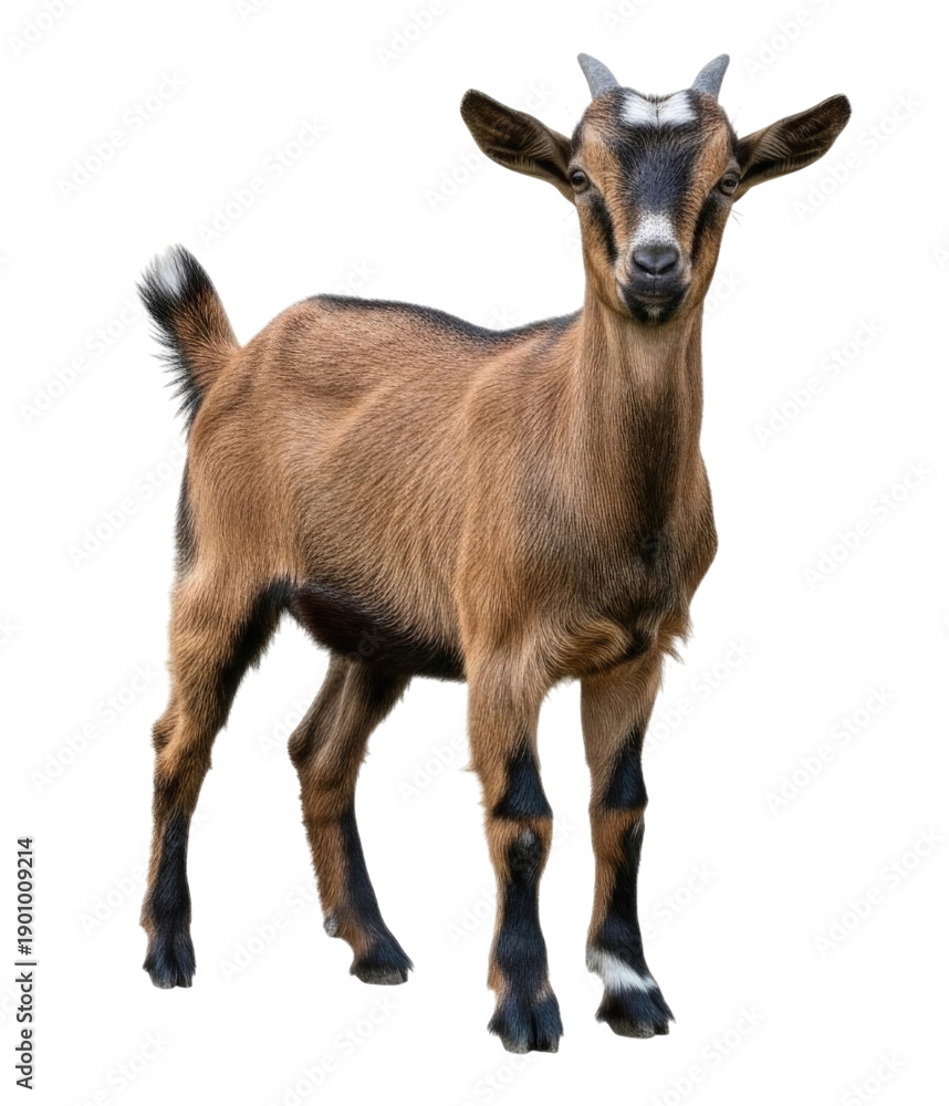 Fototapeta premium Young Brown Goat Standing Isolated on Transparent Background Cutout PNG, High Detail 3D Render