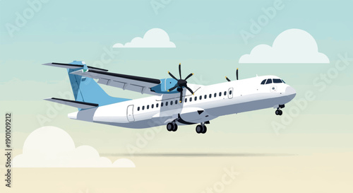 A white and blue turboprop airplane flies through a pale sky