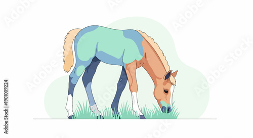A whimsical, two-toned horse grazes peacefully on fresh green grass
