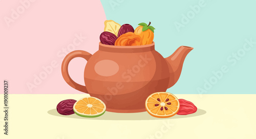 A terracotta teapot overflows with dried fruits and citrus slices